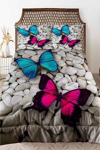 3D ELSE HALI Pink Blue Butterflies Patterned Double Quilted Quilt Pillowcase