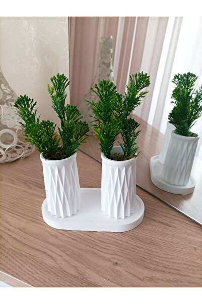 aksenbirstore وعاء خرساني مزدوج منقوش صغير وطبق بيضاوي - مع هدية زهور صناعية