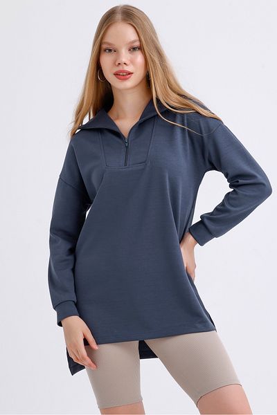 MD trend Women's Zippered Collar Slit Detail Long Back Oversize Modal Sweatshirt