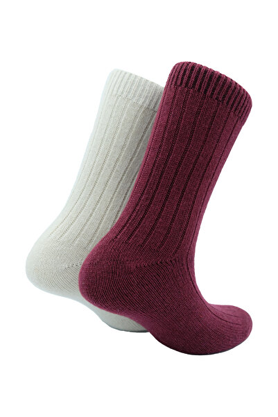 Bambuleyyo Çorap Kadın Kaşmir Yün Çorap - 2'li Paket (BEDEN 36-41) - Bordo Ve Krem Fitilli