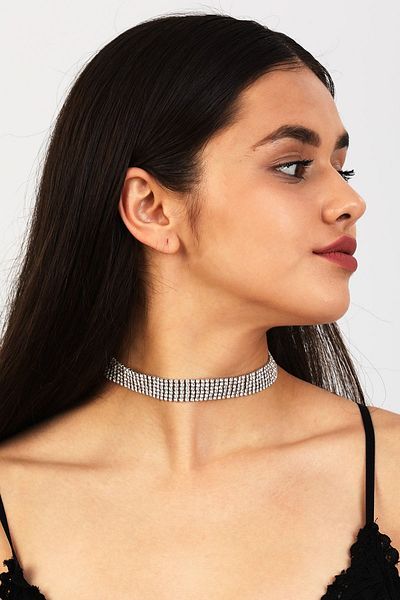 Furtek Aksesuar Women's 6 Row Model Zircon Stone Silver Diamond Wedding Engagement Bridal Evening Dress Leash Choker Necklace Choker