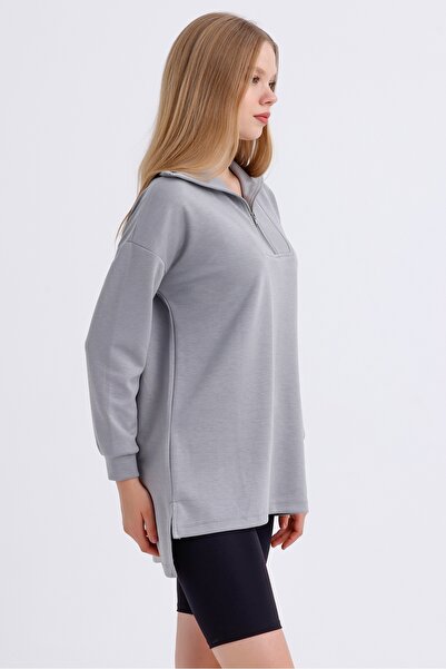 MD trend Women's Zippered Collar Slit Detail Long Back Oversize Modal Sweatshirt