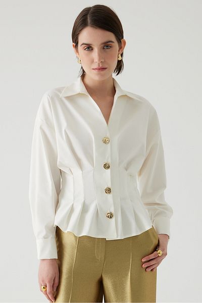 Exquise Bone Color Slim Fit Cotton Shirt