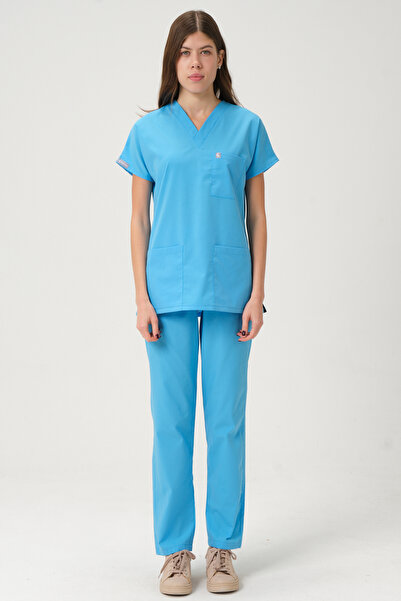 Pratik Medikal Costum din Lycra Scrubs Albastru Bebe Mânecă Dublă Doctor Asistent