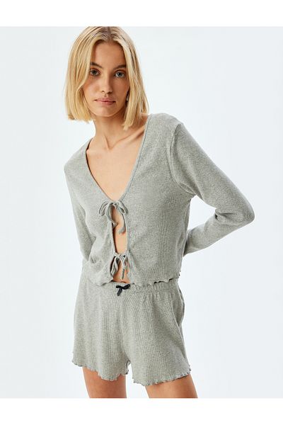 Koton Grau meliertes Damen-Pyjama-Oberteil 5WLK40225MK