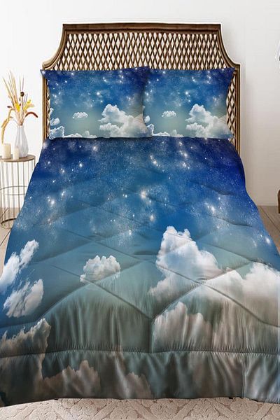 3D ELSE HALI Blue and White Clouds Patterned Double Quilted Quilt Pillowcase