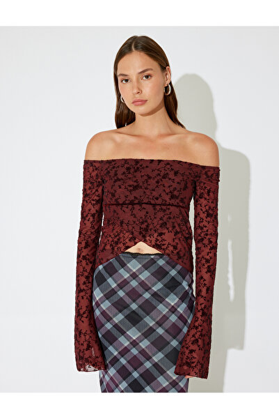 Koton X Inji – T-Shirt aus Tüll mit U-Boot-Ausschnitt, Blumenmuster, asymmetrischem Schnitt und langen Ärmeln