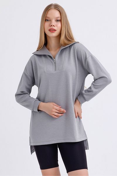 MD trend Women's Zippered Collar Slit Detail Long Back Oversize Modal Sweatshirt
