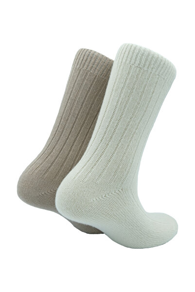 Bambuleyyo Çorap Kadın Kaşmir Yün Çorap - 2'li Paket (BEDEN 36-41) - Krem Ve Kahverengi Fitilli