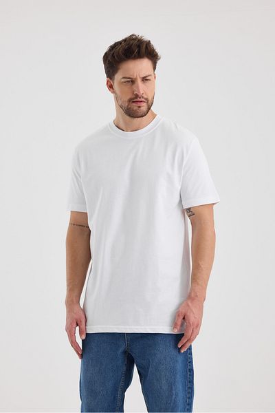 macharel jeans تي شيرت رجالي أبيض 100% قطن ذو قصة عادية ورقبة دائرية