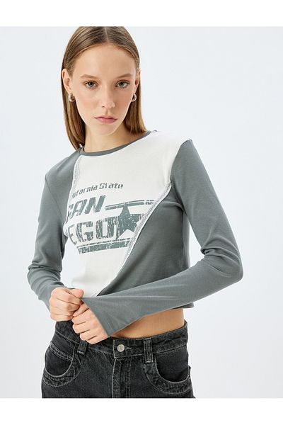 Koton Long Sleeve Stitching Detail Slogan Printed Slim Fit Crew Neck T-Shirt