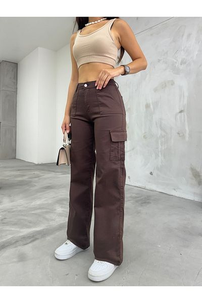 BİKELİFE Braune Cargo-Hose aus Lycra mit hoher Taille und weitem Bein und Tasche