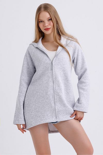 MD trend Women's Hooded Zipper Closure Asymmetrical Fleece Inside Three Thread Oversize Sweatshirt
