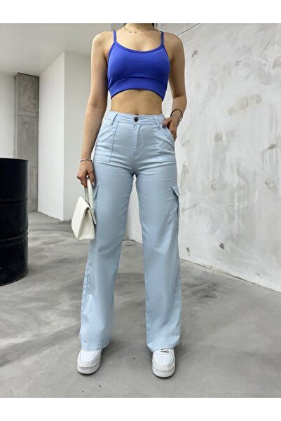 BİKELİFE Baby modré široké kalhoty s vysokým pasem a nákladní kapsou