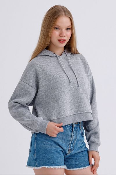 MD trend Hanorac crop de bază cu glugă, cu fante, cu fleece în interior