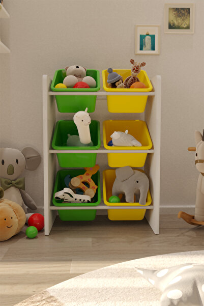 Flinder 6 Sepetli Yeşil ve Sarı Oyuncak Dolabı, Çok Amaçlı Dolap, Montessori ...