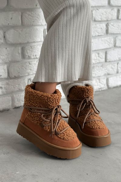 Shoebutik Γυναικείες χειμερινές μπότες Frigo Brown βελούδινη λεπτομέρεια με δαντέλα