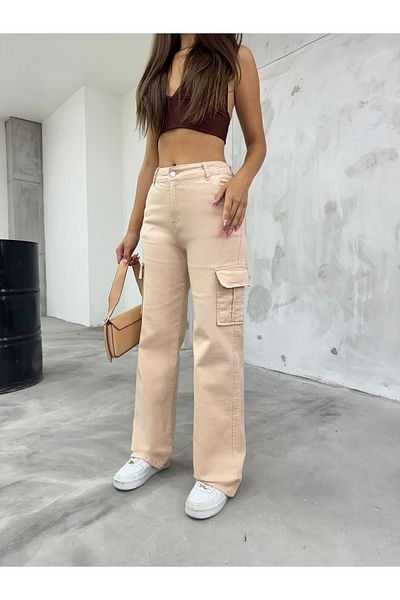 BİKELİFE Cremefarbene Cargohose für Damen mit hoher Taille und weitem Bein