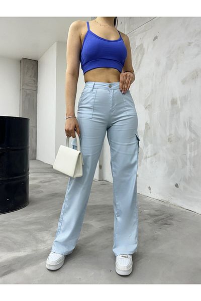 BİKELİFE Babyblaue Cargo-Taschen-Lycra-Hose mit hoher Taille und weitem Bein