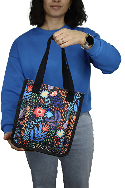 BUSRAKAZANCDESİGN Siyah Çiçekli Kumaş Cepli Tote Bag El Ve Omuz Çantası
