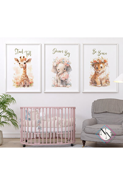 Safari-Lion, Giraffe and Elephant 3-Piece Set- V02- Natural Wooden Frame, Baby and Kids Room Table Set
