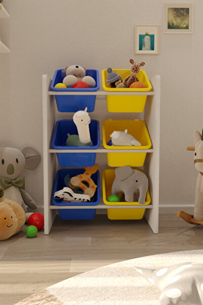 Flinder 6 Sepetli Mavi ve Sarı Oyuncak Dolabı, Çok Amaçlı Dolap, Montessori D...
