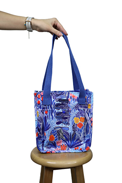 BUSRAKAZANCDESİGN Blue Floral Fabric Pocket Tote Bag Hand and Shoulder Bag