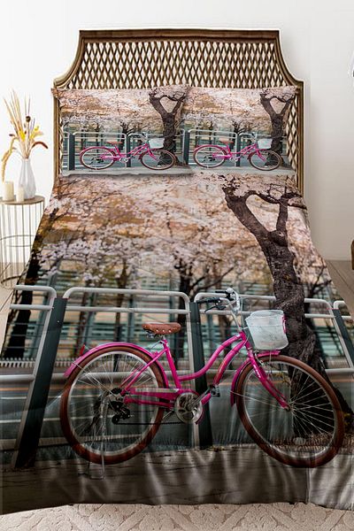 Else Dekor Pink Bicycle Amsterdam Patterned Double Quilted Quilt with Pillowcase