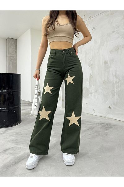 BİKELİFE Star Printed Wide Leg Straight Wide Leg Jeans