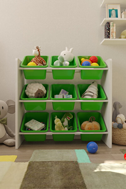 Flinder 9 Sepetli Yeşil Oyuncak Dolabı, Çok Amaçlı Dolap, Montessori Dolap