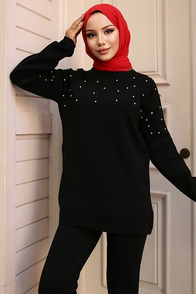 benguen 6205 Stone Detailed Knitwear Set Black