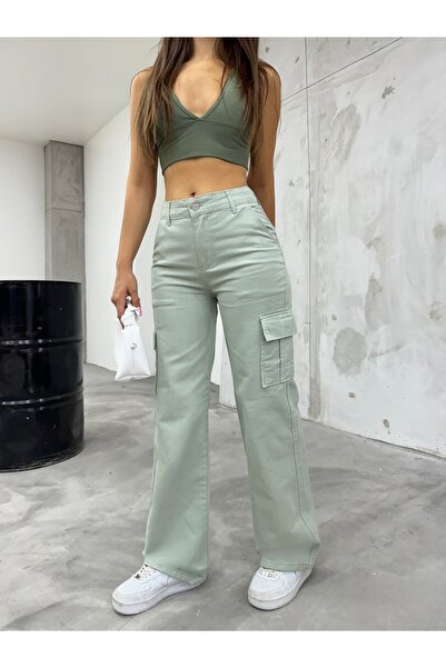 BİKELİFE Women's Light Green High Waist Wide Leg Cargo Pants