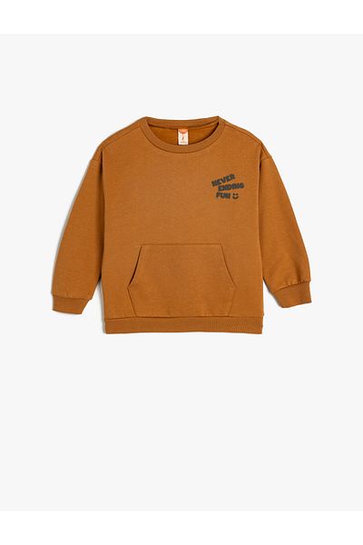 Koton Cotton Crew Neck Long Sleeve Sweatshirt - Kangaroo Pocket Printed