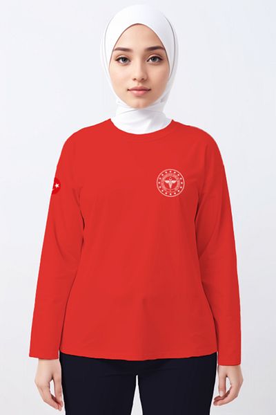 Pratik Medikal Red Long Sleeve Crew Neck Health T-Shirt - Unisex