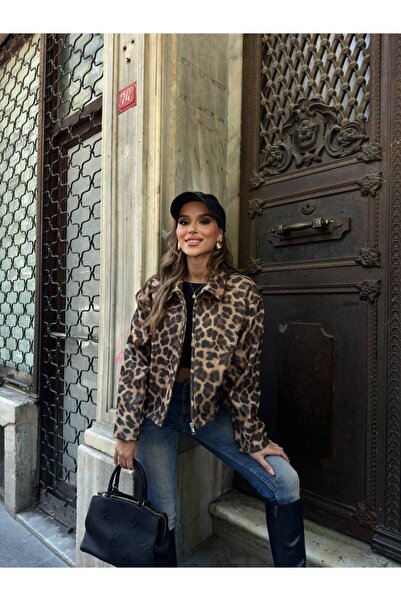 Genel Markalar Kadın Kahverengi Leopar Desenli kaşe Ceket Fermuarlı