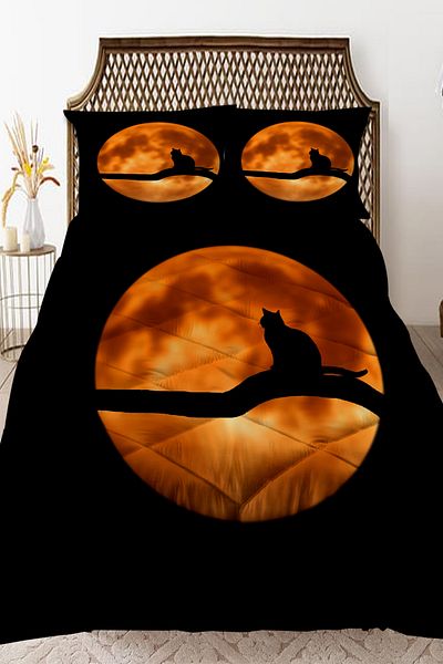 Else Dekor Double Black Cat Full Moon Patterned Quilted Quilt Pillow
