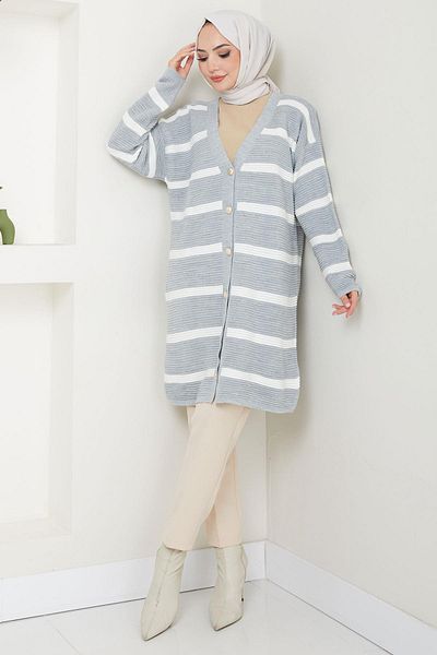 hafsamina Gray Striped Corded Knitwear Cardigan - Hm2589
