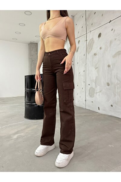BİKELİFE Women's Brown High Waist Wide Leg Cargo Pants