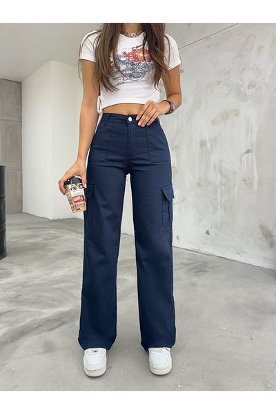 BİKELİFE Navy Blue Cargo Pocket Lycra magas derekú széles szárú nadrág