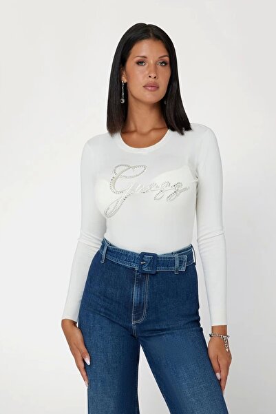 Guess Pulover alb pentru femei cu logo cu pietre în față
