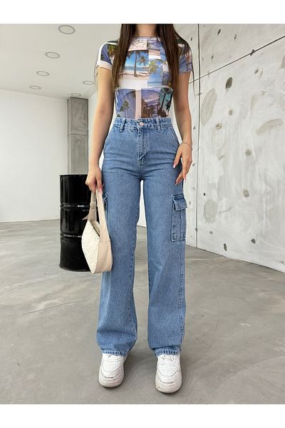 BİKELİFE Pantaloni cargo largi cu talie înaltă de damă
