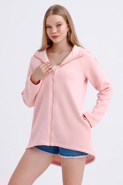 MD trend Women's Hooded Zipper Closure Asymmetrical Fleece Inside Three Thread Oversize Sweatshirt
