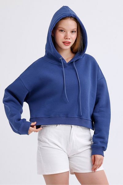 MD trend Hanorac crop de bază cu glugă, cu fante, cu fleece în interior