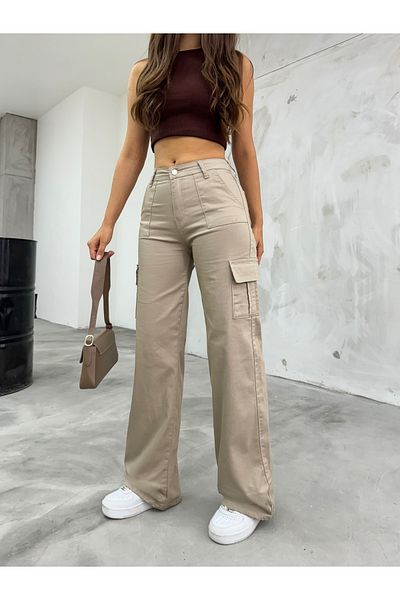 BİKELİFE Beigefarbene Cargo-Hose aus Lycra mit hoher Taille und weitem Bein
