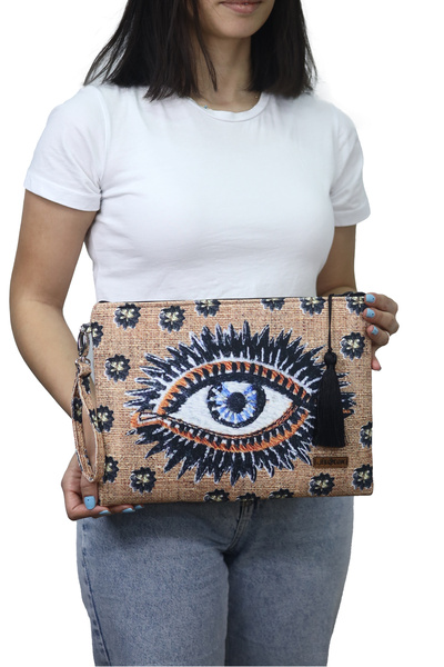 BUSRAKAZANCDESİGN حقيبة كلاتش بنمط العين على نمط الجوت
