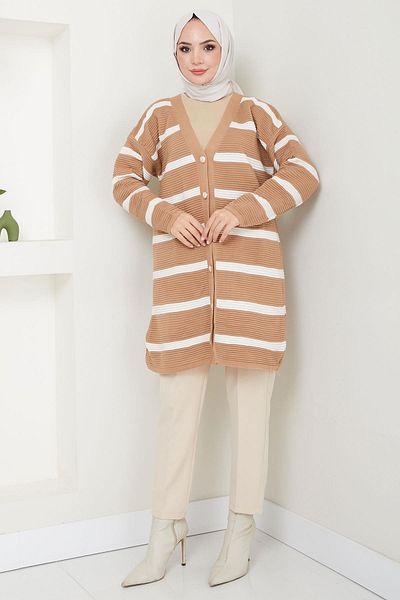 hafsamina Corded Camel Knitwear Cardigan - Striped Hm2589