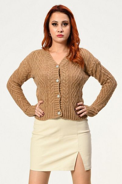 Miss Poem Thick Cardigan with Pearl Buttons - Camel