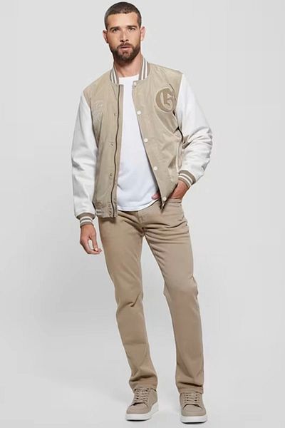 Guess Men's Beige Versity Bomber Jacket