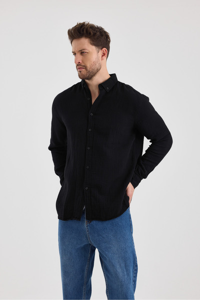 macharel jeans Ανδρικό ύφασμα μουσελίνας 100% βαμβακερό μακρυμάνικο πουκάμισο με άνετη εφαρμογή