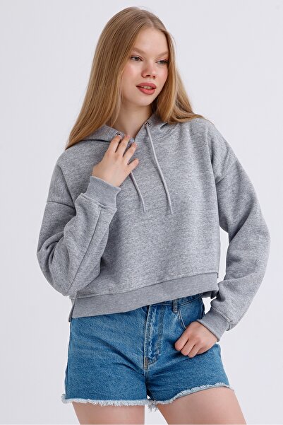 MD trend Women's Hooded Basic Crop Sweatshirt with Slit Detail and Fleece Inside